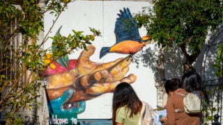 A mural on a building with students standing in front.