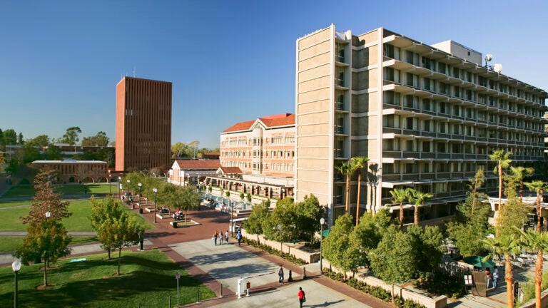 A view of Birnkrant Residential College, Waite Phillips Hall and McCarthy Quad.