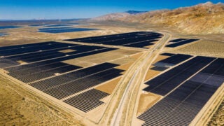 An aerial view of a solar field.