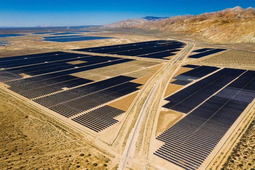 An aerial view of a solar field.