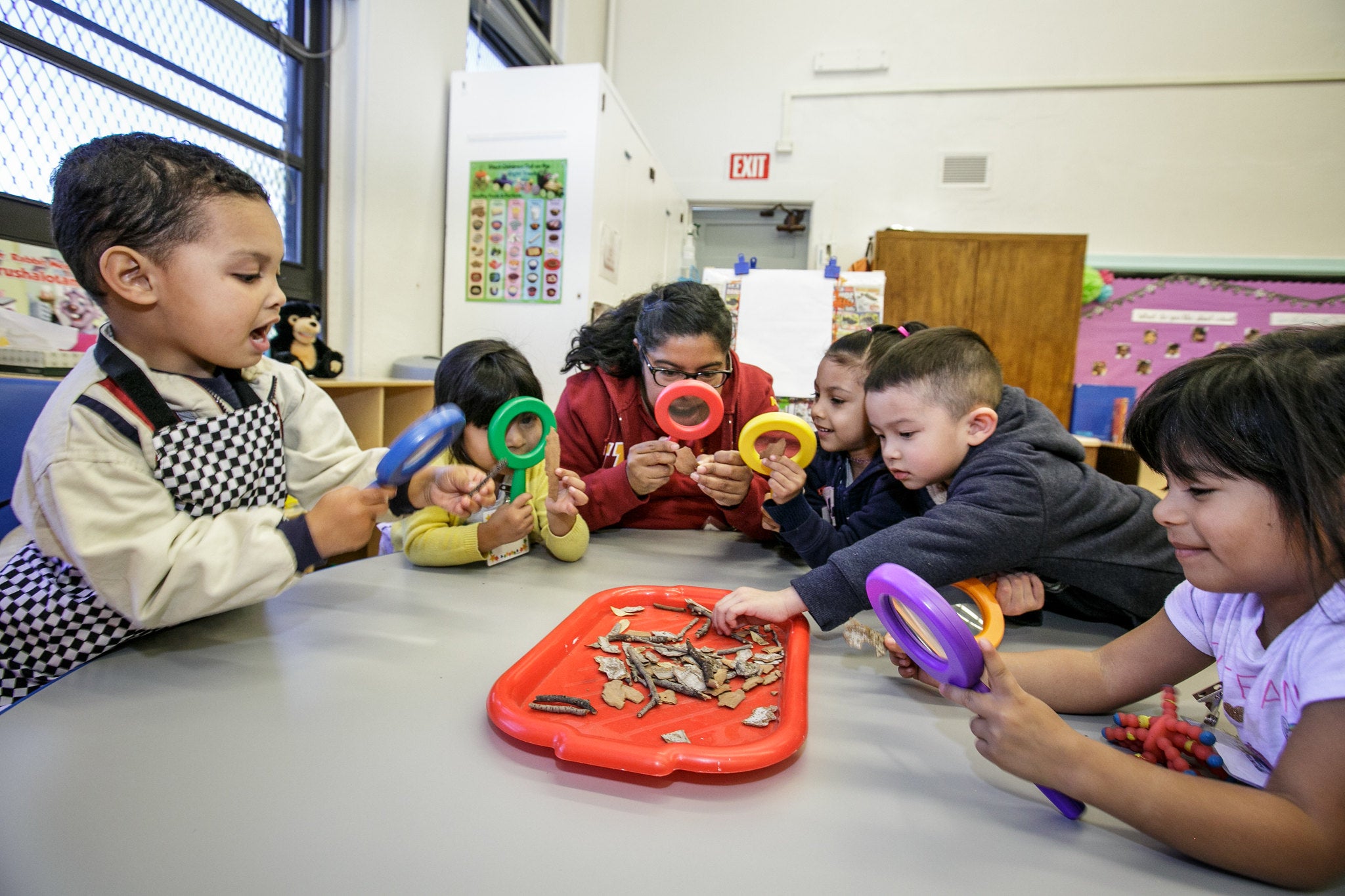 Trojan is using a magnifying glass to look at leaves with kids in their classroom.