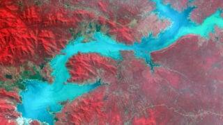 Aerial view of a dam along the Blue Nile River