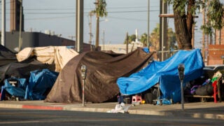 View of the homeless encampments along Central Avenue in Downtown Los Angeles, California.