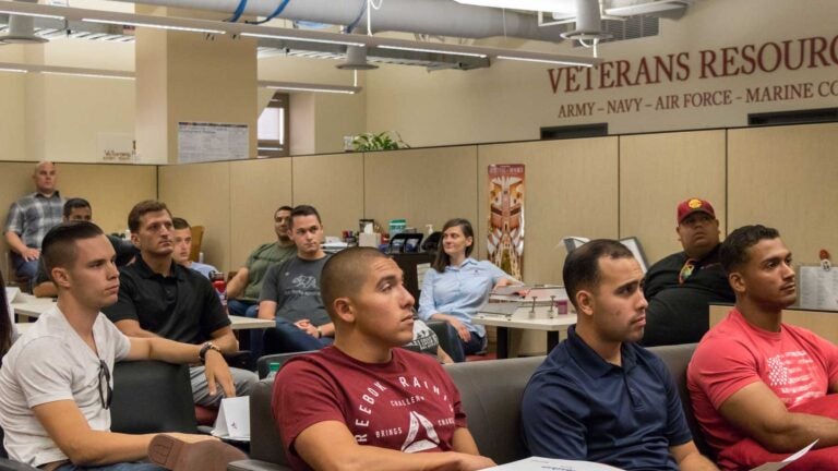 Students looking at instructor in a classroom.