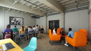 Digital rendering of students sitting in a room.
