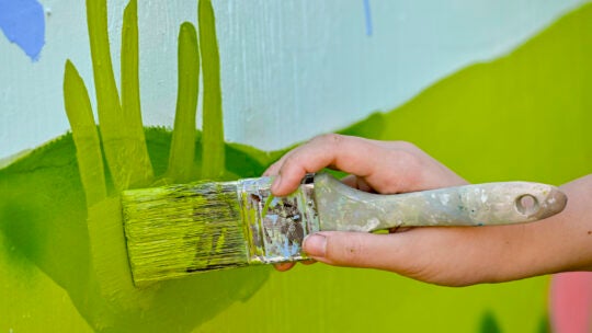 Person painting a wall mural