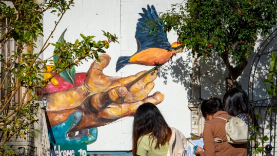 A mural with a hand and a bird