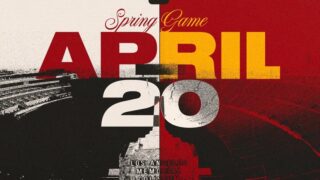 USC Spring Game April 20, 2024 graphic with the Coliseum in the background