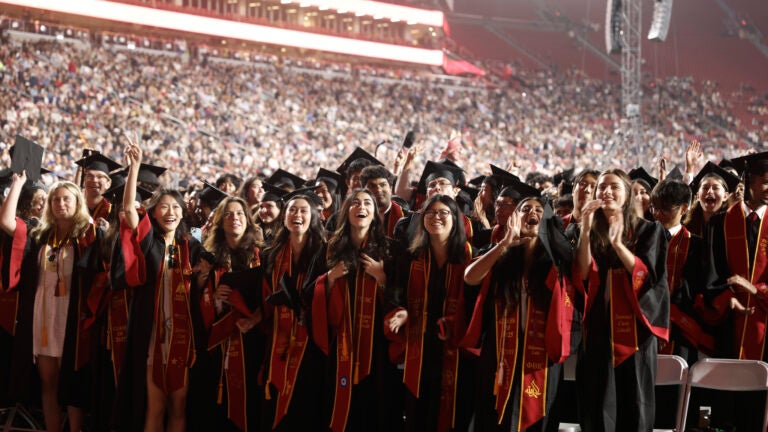 Graduating students stand and celebrate on the field of L.A. Memorial Coliseum Pane Image 1