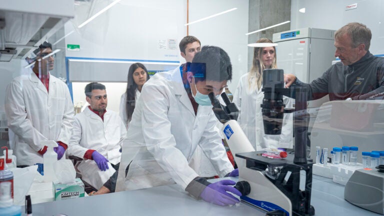 researchers with white coats in a lab with one looking through a microscope