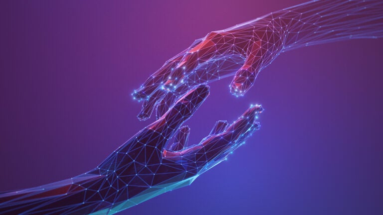 Digital hands reach toward each other