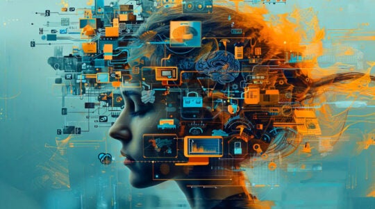 An illustration of a woman with various tech icons floating around her head