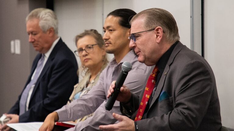 USC Open Dialogue Project panel on the Compact for Academic Excellence in Higher Education: Panelists Richard Green, Anna Krylov, Ryo Sanabria and James Moore