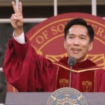 Interim President Beong-Soo Kim speaks at the new student convocation in August. (USC Photo/Steve Cohn)