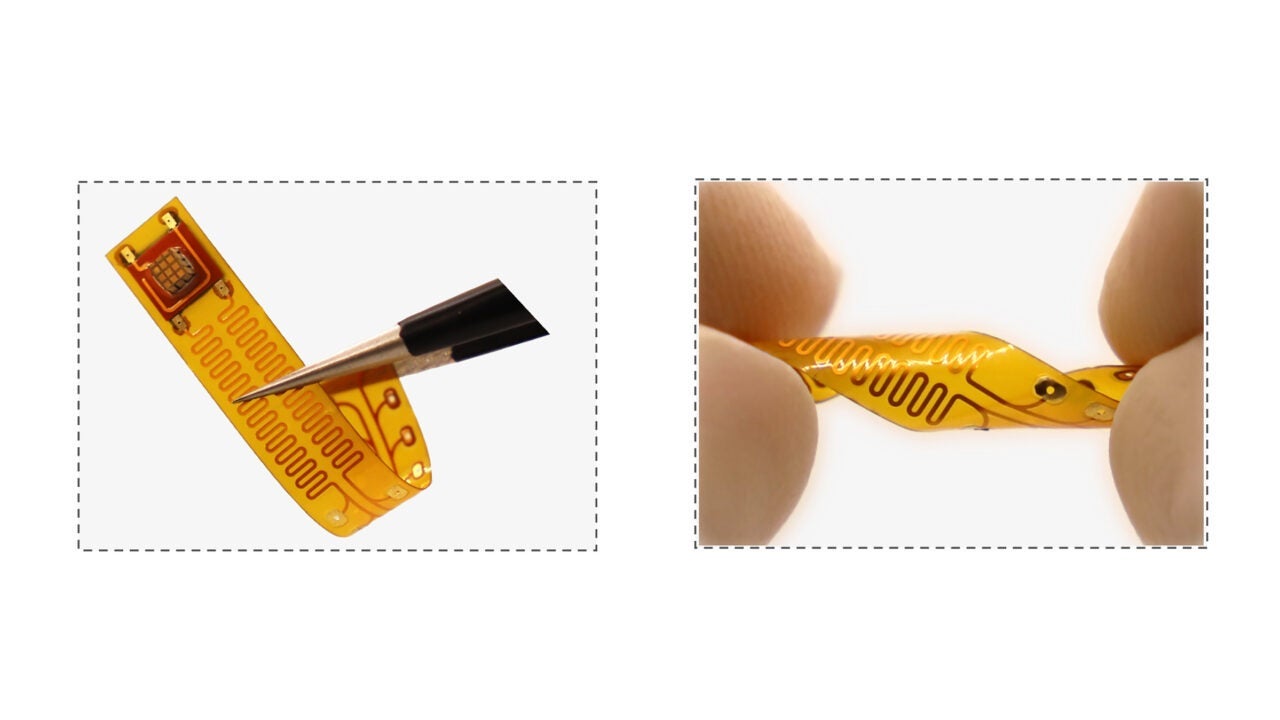 The Zhou Lab’s new implantable device for chronic pain management is designed to bend and twist with the spine’s movement and has a wireless power supply, eliminating the need for batteries. (Photo/Credit Zhou Lab)