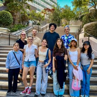 Students gathered on campus steps at Bunker Hill in DTLA.