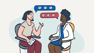 Illustration representing a counseling or feedback conversation, with speech bubbles showing different emotional expressions.
